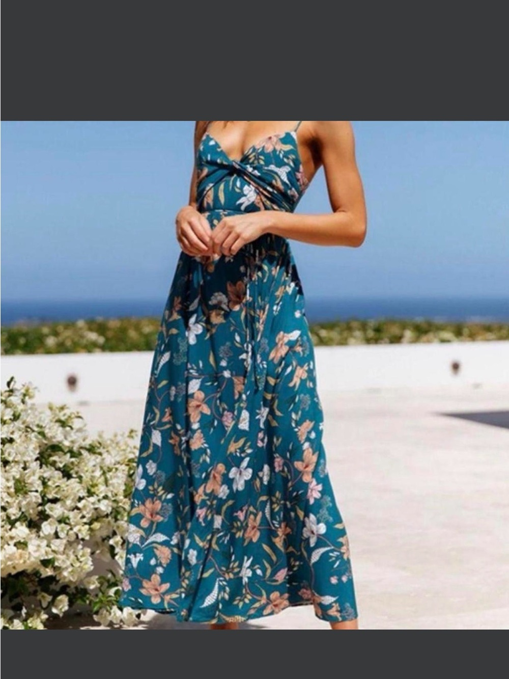 Hello Molly Teal Floral Midi Dress - Spaghetti Strap V-Neck